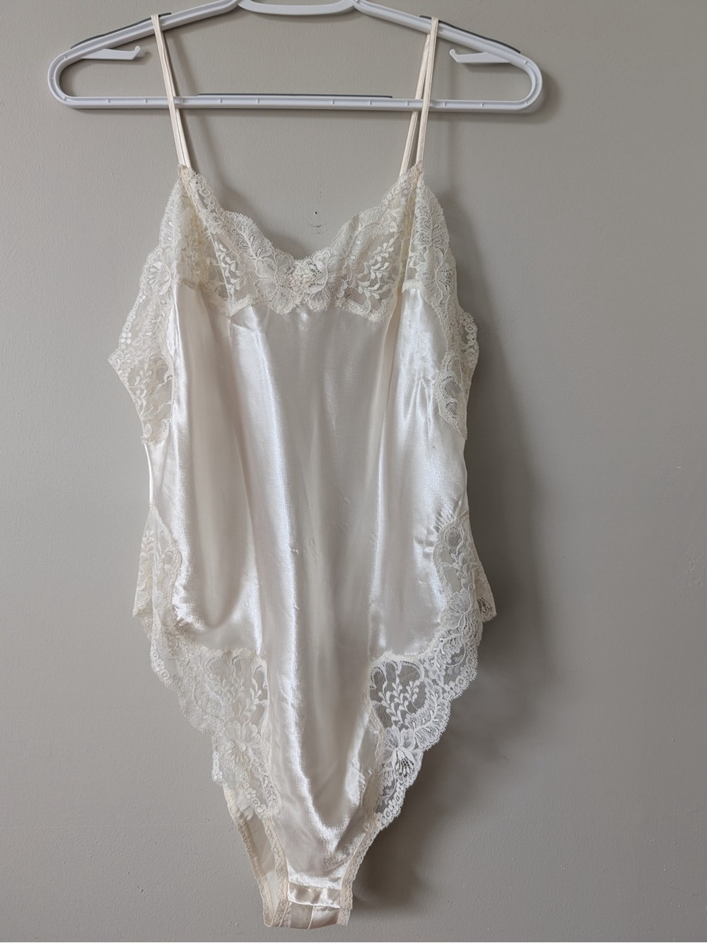 Vintage Victoria's Secret Cream Satin Lace-Trim Chemise Bodysuit
